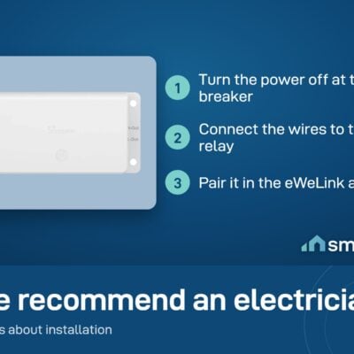 Sonoff BASIC Gen5 install: power off at the breaker, connect the wires, pair in the eWeLink app. We recommend an electrician