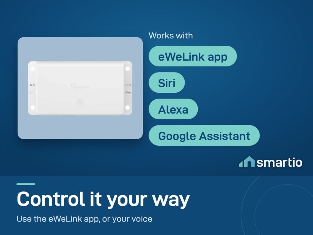 Sonoff BASIC Gen5 Matter relay is controlled in the eWeLink app or by voice with Siri, Alexa and Google Assistant