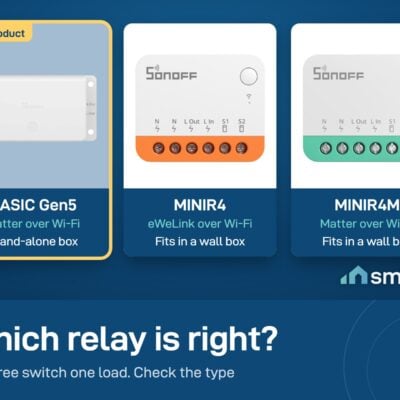 Sonoff relays compared: BASIC Gen5 Matter stand-alone box, MINIR4 eWeLink Wi-Fi, MINIR4M Matter, both in a wall box