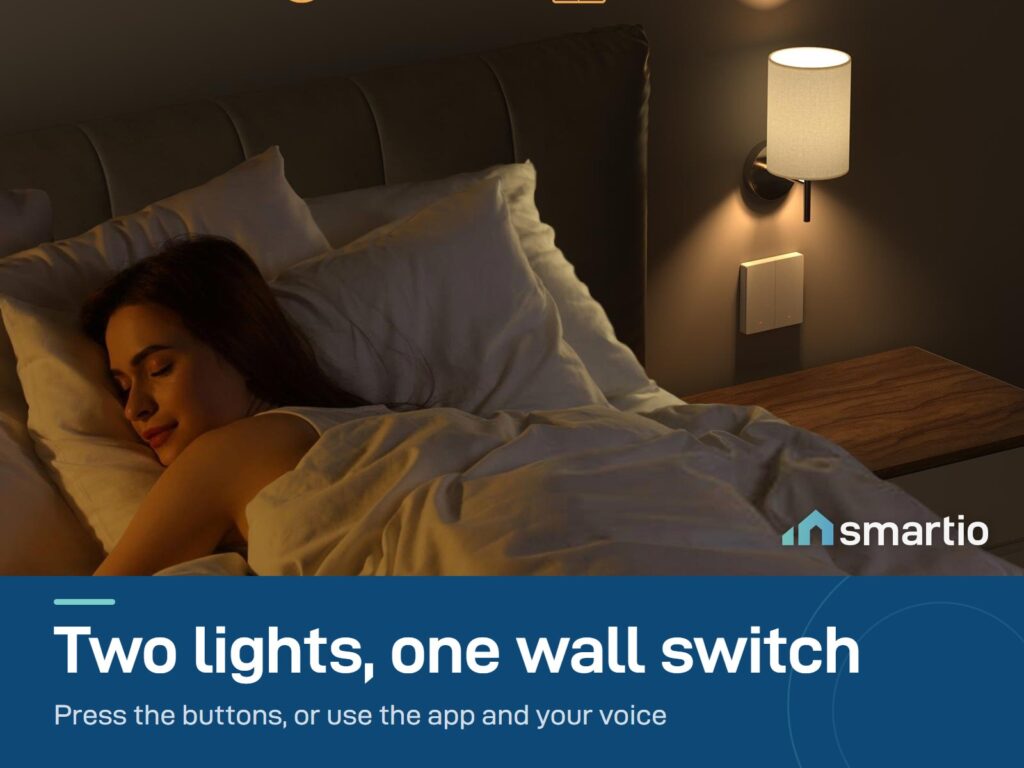 Sonoff ZBM5 Zigbee wall switch on a bedroom wall beside a lit bedside lamp