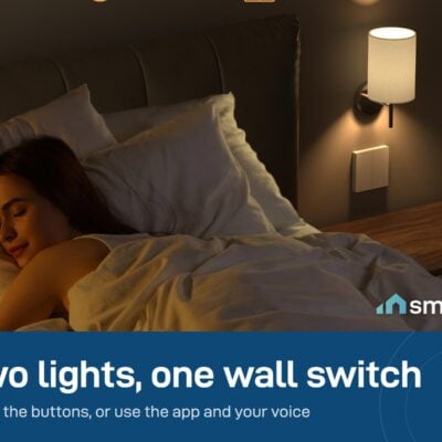 Sonoff ZBM5 Zigbee wall switch on a bedroom wall beside a lit bedside lamp