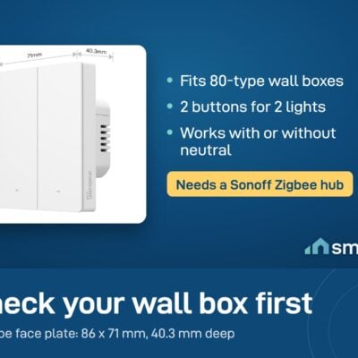 Sonoff ZBM5 80-type 2-gang switch with its size: 86 x 71 x 40.3 mm. Fits 80-type boxes, needs a Sonoff Zigbee hub