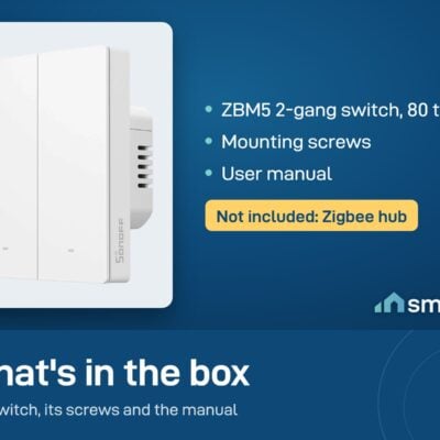 What's in the Sonoff ZBM5 80-type 2-gang switch box: switch, mounting screws, manual. Zigbee hub not included