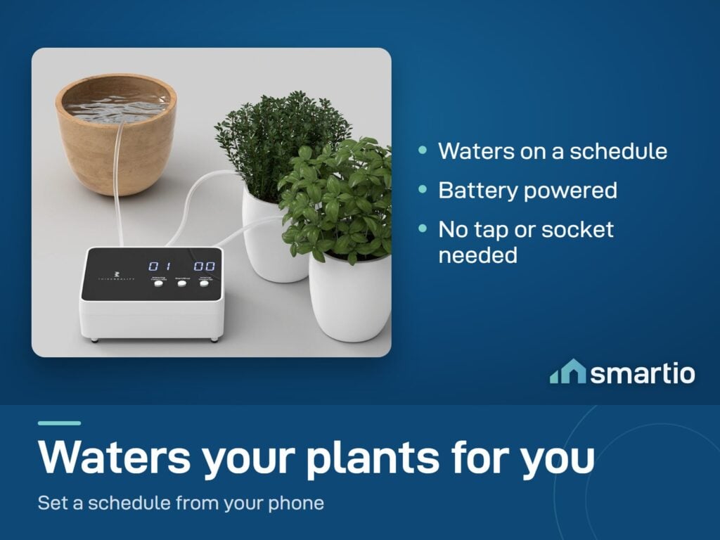 ThirdReality Smart Watering Kit on a shelf beside potted plants, with tubes running to each pot