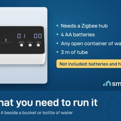 ThirdReality Smart Watering Kit needs a Zigbee hub and 4 AA batteries, both sold separately. It comes with 3 m of tube