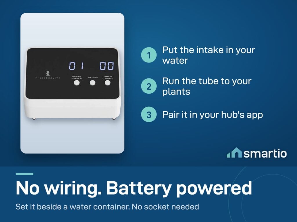 ThirdReality Smart Watering Kit setup: put the intake in water, run the tube to your plants, pair in your hub app