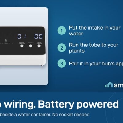 ThirdReality Smart Watering Kit setup: put the intake in water, run the tube to your plants, pair in your hub app