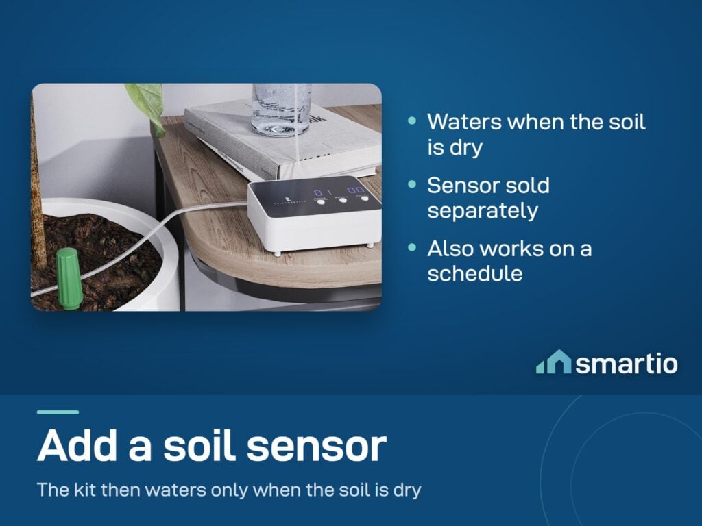 ThirdReality Smart Watering Kit next to a potted plant with a soil moisture sensor. The sensor is sold separately