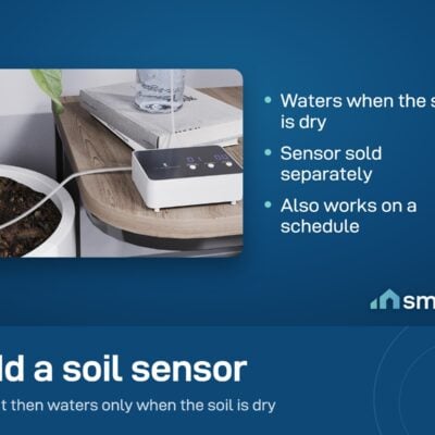 ThirdReality Smart Watering Kit next to a potted plant with a soil moisture sensor. The sensor is sold separately