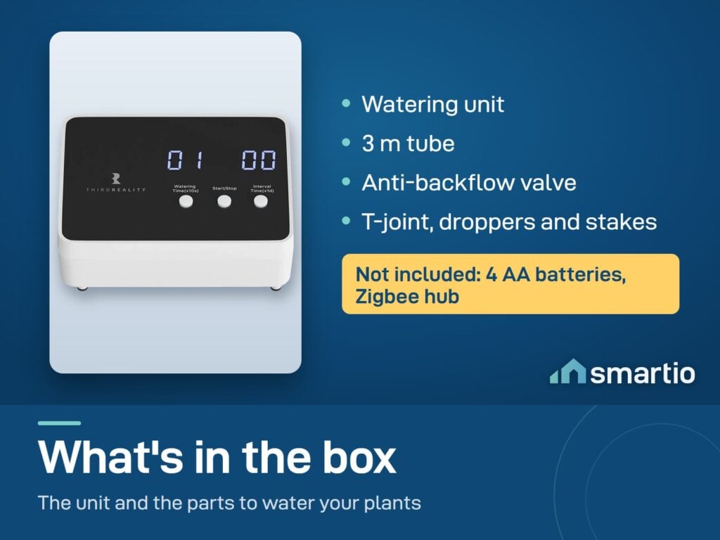 What's in the ThirdReality Smart Watering Kit box: unit, 3 m tube, valve, T-joint, droppers, stakes. No batteries or hub