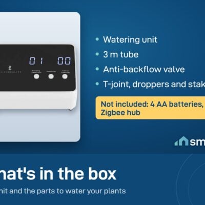 What's in the ThirdReality Smart Watering Kit box: unit, 3 m tube, valve, T-joint, droppers, stakes. No batteries or hub