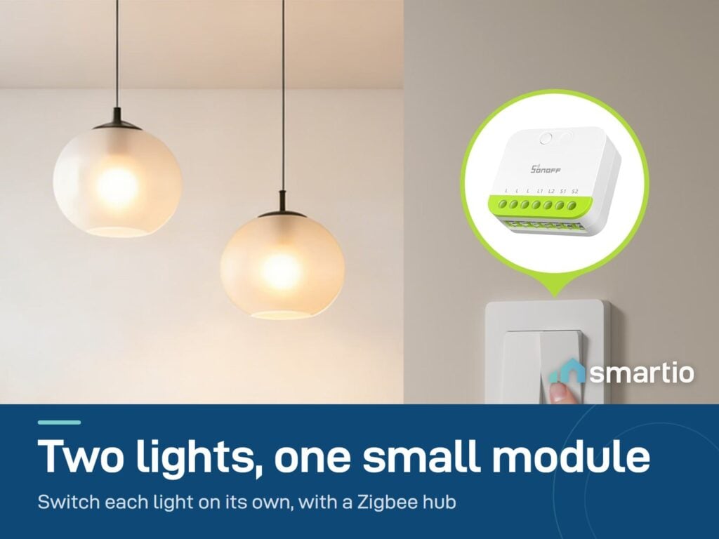 Sonoff MINI DUO module behind a two-gang wall switch, controlling two pendant lights on their own