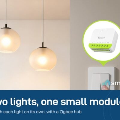 Sonoff MINI DUO module behind a two-gang wall switch, controlling two pendant lights on their own