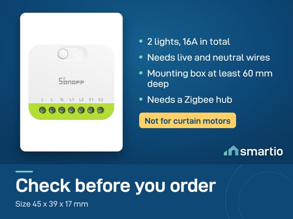 Sonoff MINI DUO Zigbee module: 2 lights, 16A total, live and neutral wires, box 60 mm deep, Zigbee hub needed