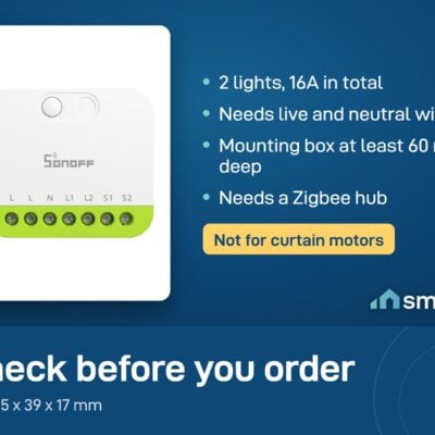 Sonoff MINI DUO Zigbee module: 2 lights, 16A total, live and neutral wires, box 60 mm deep, Zigbee hub needed