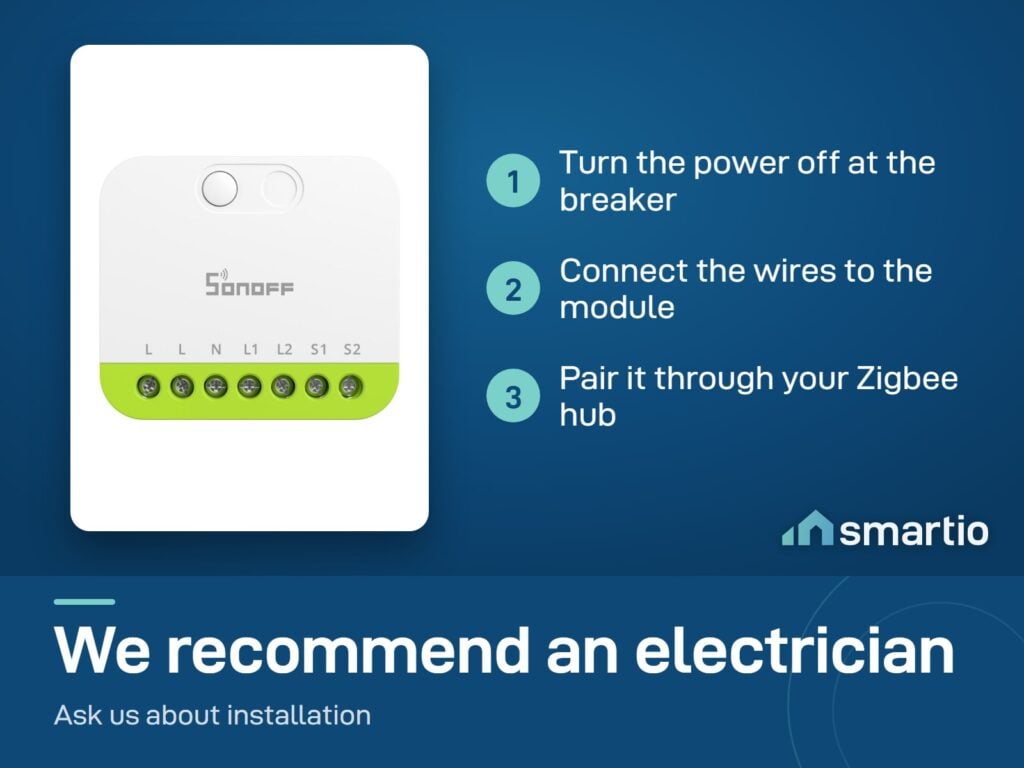 Sonoff MINI DUO install: power off at the breaker, connect the wires, pair through a Zigbee hub. We recommend an electrician