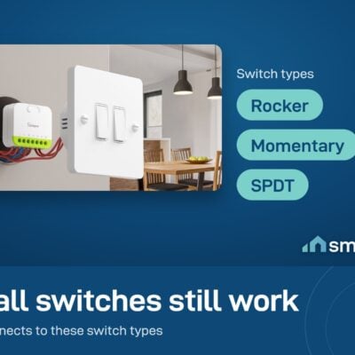 Sonoff MINI DUO module wired behind a two-gang wall switch; works with rocker, momentary and SPDT switches