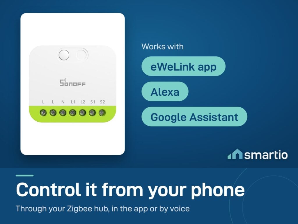 Sonoff MINI DUO is controlled in the eWeLink app through a Zigbee hub, or by voice with Alexa and Google Assistant