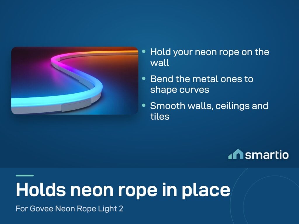 Govee Neon Rope Light 2 curving in a bend held by mounting brackets on a wall