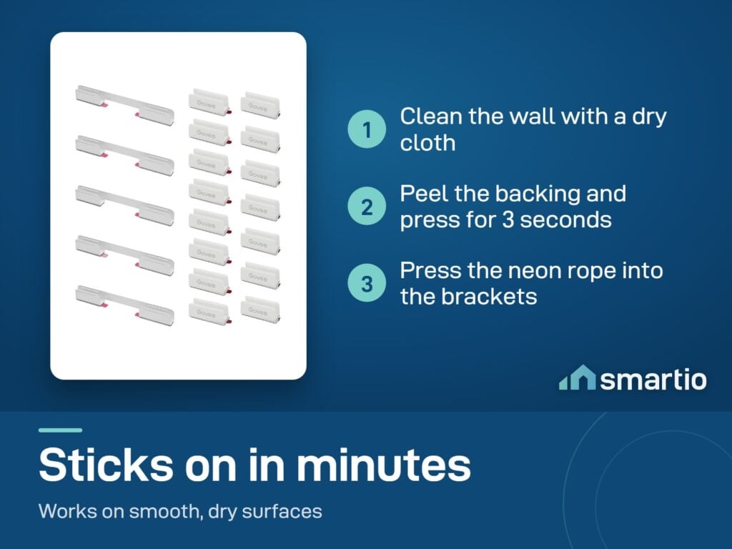 Govee neon brackets install: clean the wall, peel the backing and press for 3 seconds, press the neon rope in