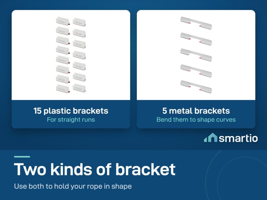 Govee neon rope brackets: 15 plastic brackets for straight runs and 5 metal brackets that bend to shape curves