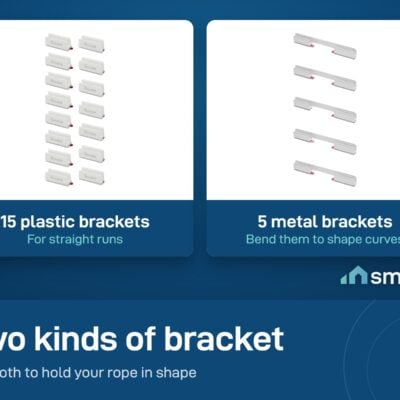 Govee neon rope brackets: 15 plastic brackets for straight runs and 5 metal brackets that bend to shape curves