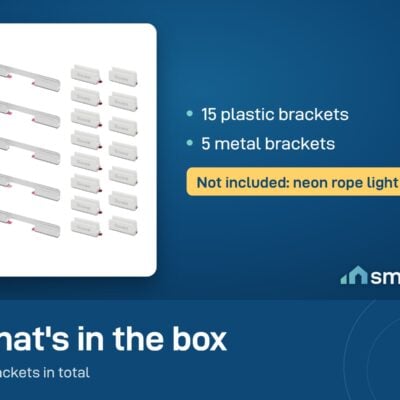 What is in the Govee Mounting Brackets for Neon Lights 2 box: 15 plastic and 5 metal brackets. Neon rope not included