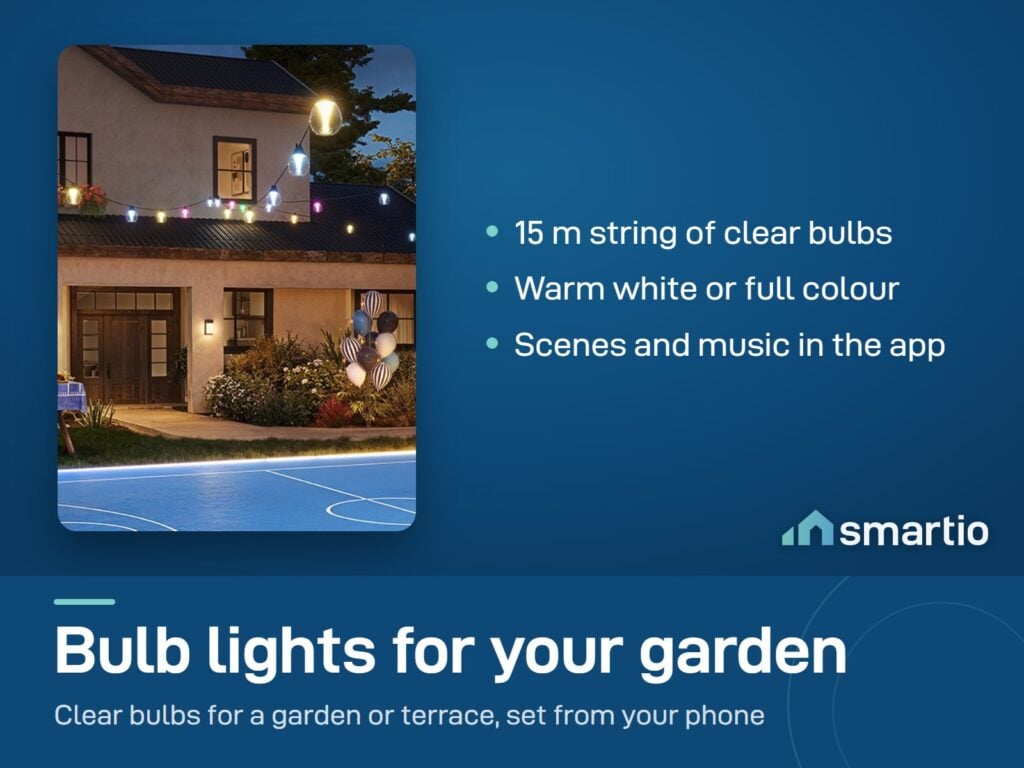 Govee Outdoor Clear Bulb String Lights hung over a garden, terrace and pool court at night