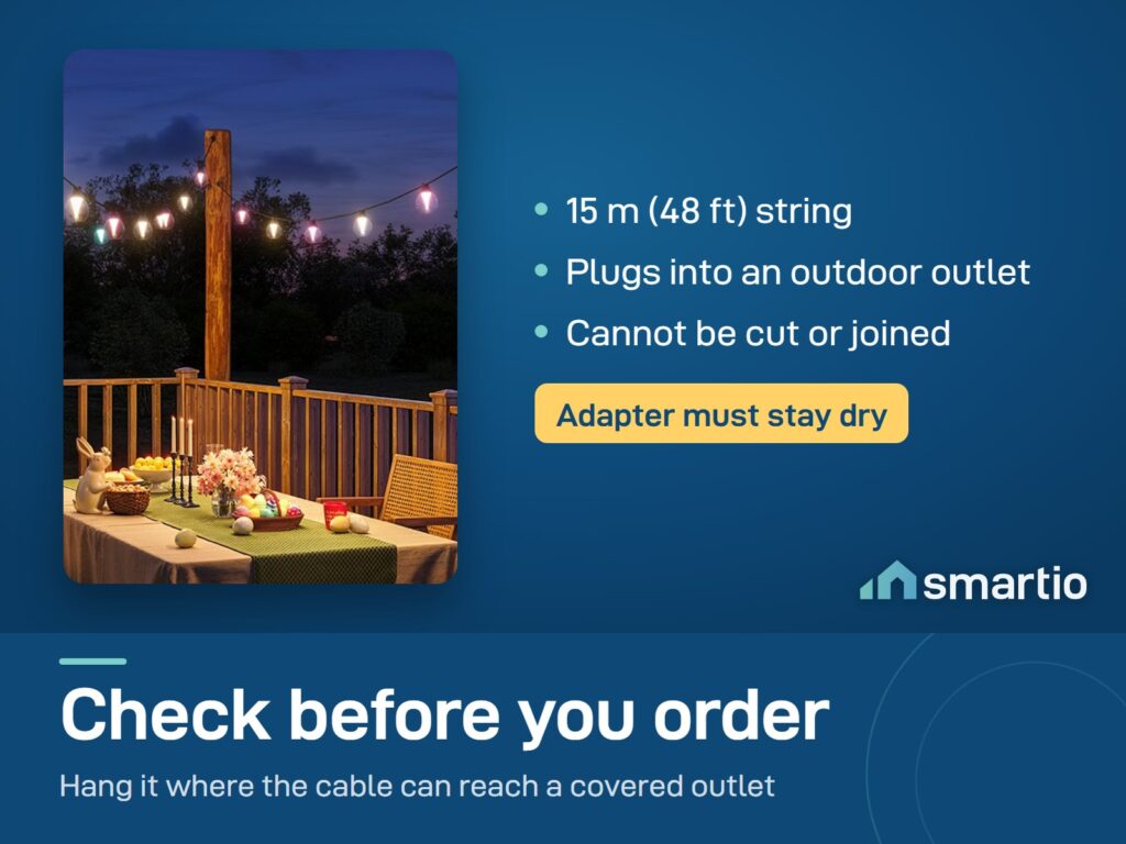 Govee Outdoor Clear Bulb String Lights over a wooden deck: 15 m long, plugs into an outlet, cannot be cut