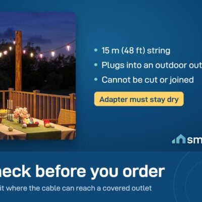 Govee Outdoor Clear Bulb String Lights over a wooden deck: 15 m long, plugs into an outlet, cannot be cut