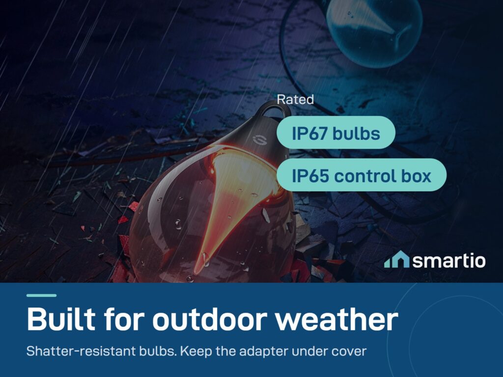 Govee Outdoor Clear Bulb String Lights bulb in the rain; bulbs are IP67 and shatter-resistant, control box IP65