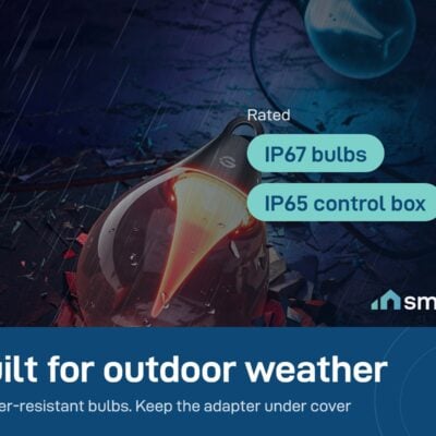Govee Outdoor Clear Bulb String Lights bulb in the rain; bulbs are IP67 and shatter-resistant, control box IP65