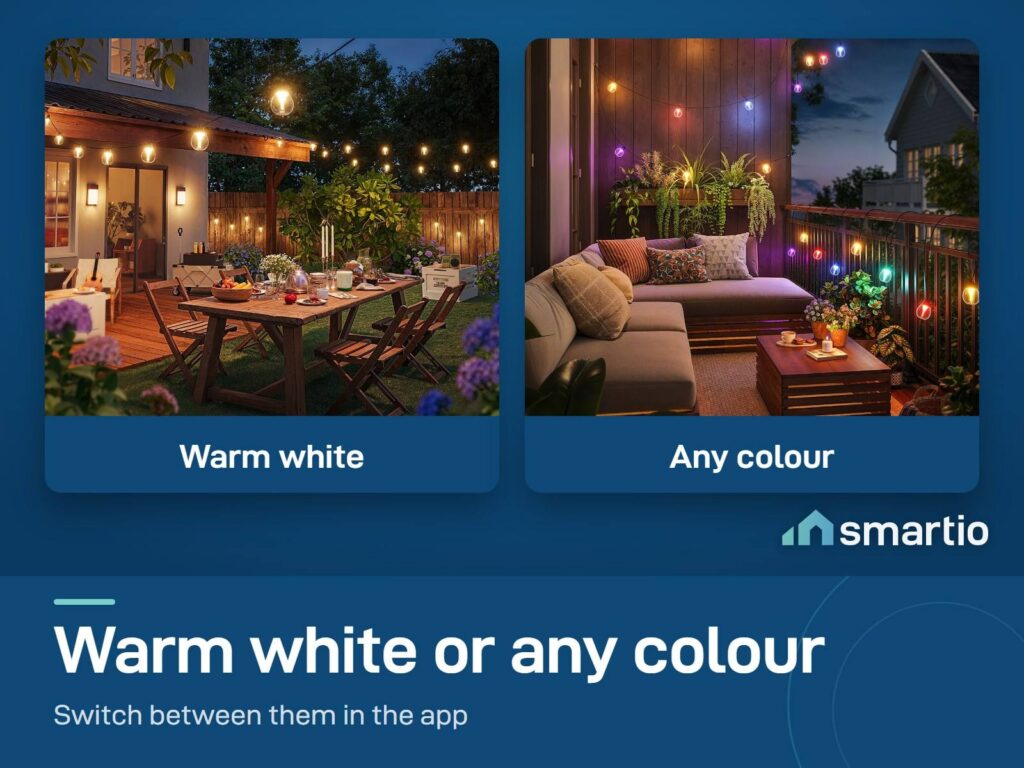 Govee Outdoor Clear Bulb String Lights in warm white over a patio table and in colour over a balcony