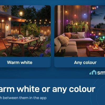 Govee Outdoor Clear Bulb String Lights in warm white over a patio table and in colour over a balcony