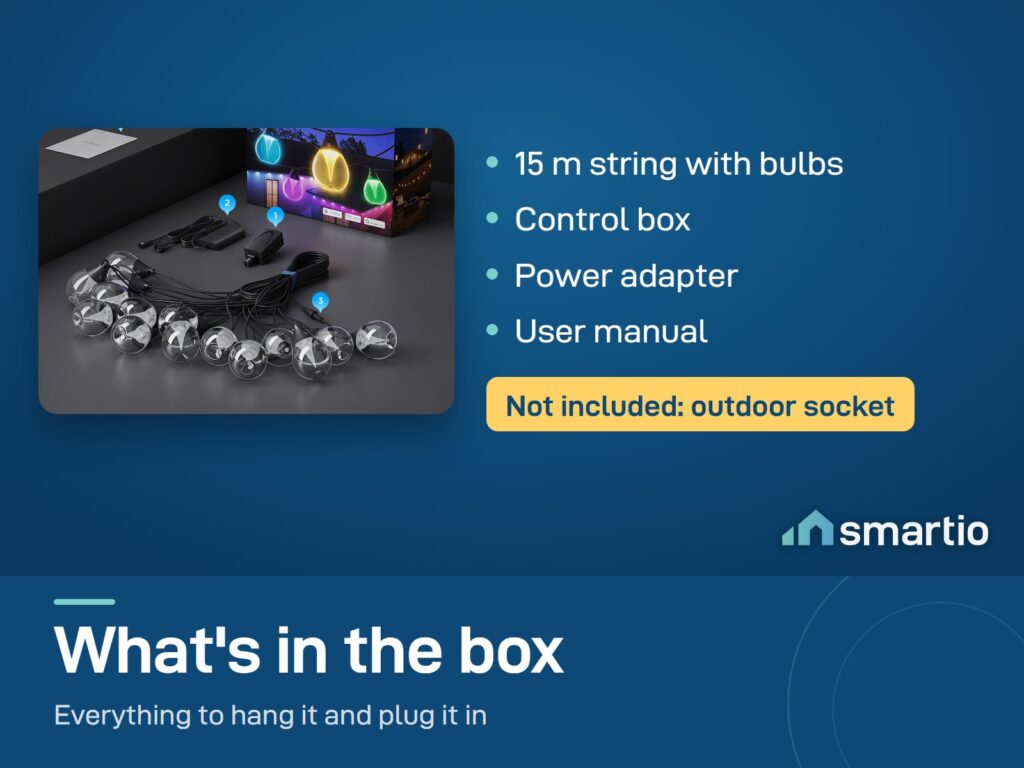 What's in the Govee Outdoor Clear Bulb String Lights box: 15 m bulb string, control box, adapter, manual