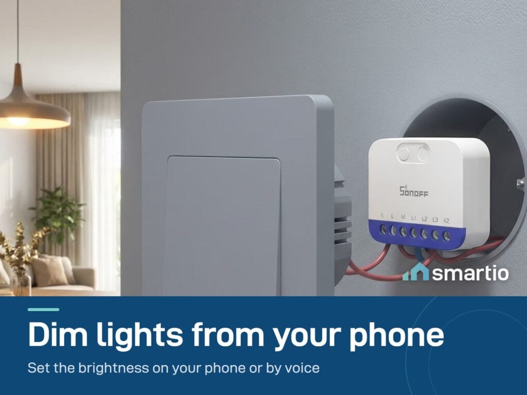 Sonoff MINI-DIM module behind a wall switch, dimming a living room light from the phone