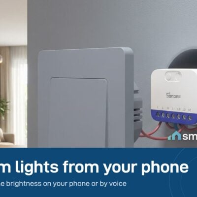 Sonoff MINI-DIM module behind a wall switch, dimming a living room light from the phone