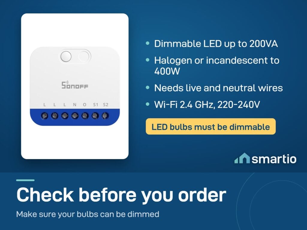 Sonoff MINI-DIM dimmer module: dimmable LED up to 200VA, halogen up to 400W, live and neutral wires, Wi-Fi 2.4 GHz