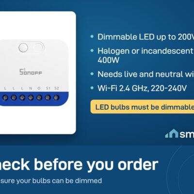 Sonoff MINI-DIM dimmer module: dimmable LED up to 200VA, halogen up to 400W, live and neutral wires, Wi-Fi 2.4 GHz