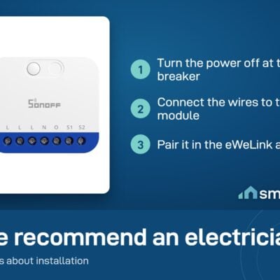 Sonoff MINI-DIM install: power off at the breaker, connect the wires, pair in the eWeLink app. We recommend an electrician