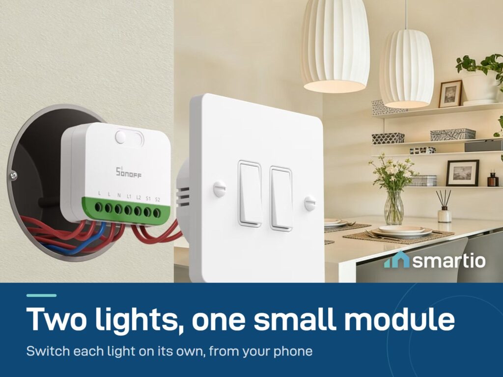 Sonoff MINI Duo module in the wall box behind a two-gang wall switch, with two pendant lights in a dining room
