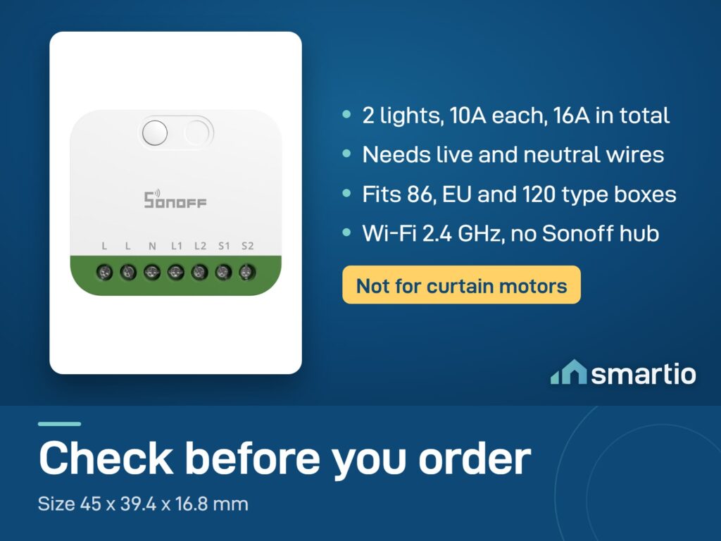 Sonoff MINI Duo Wi-Fi relay: two lights, 16A in total, live and neutral wires needed, fits 86, EU and 120 boxes