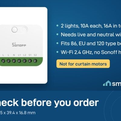 Sonoff MINI Duo Wi-Fi relay: two lights, 16A in total, live and neutral wires needed, fits 86, EU and 120 boxes