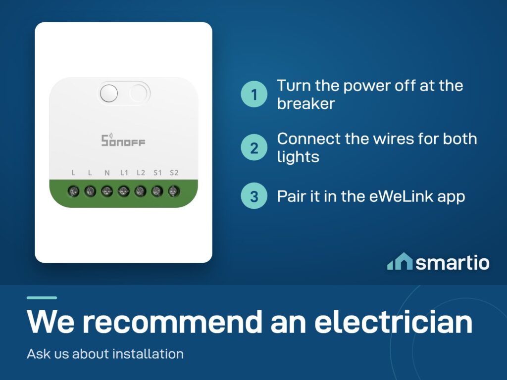 Sonoff MINI Duo install: power off at the breaker, connect the wires for both lights, pair in eWeLink