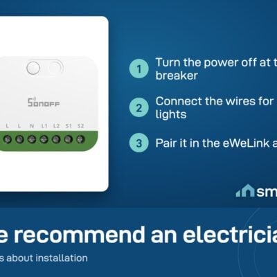 Sonoff MINI Duo install: power off at the breaker, connect the wires for both lights, pair in eWeLink