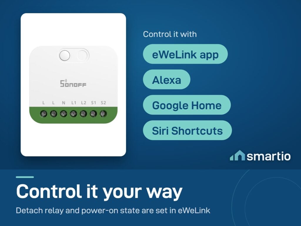 Sonoff MINI Duo is controlled in the eWeLink app, or by voice with Alexa, Google Home and Siri Shortcuts