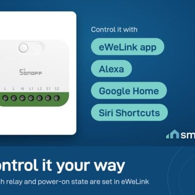 Sonoff MINI Duo is controlled in the eWeLink app, or by voice with Alexa, Google Home and Siri Shortcuts