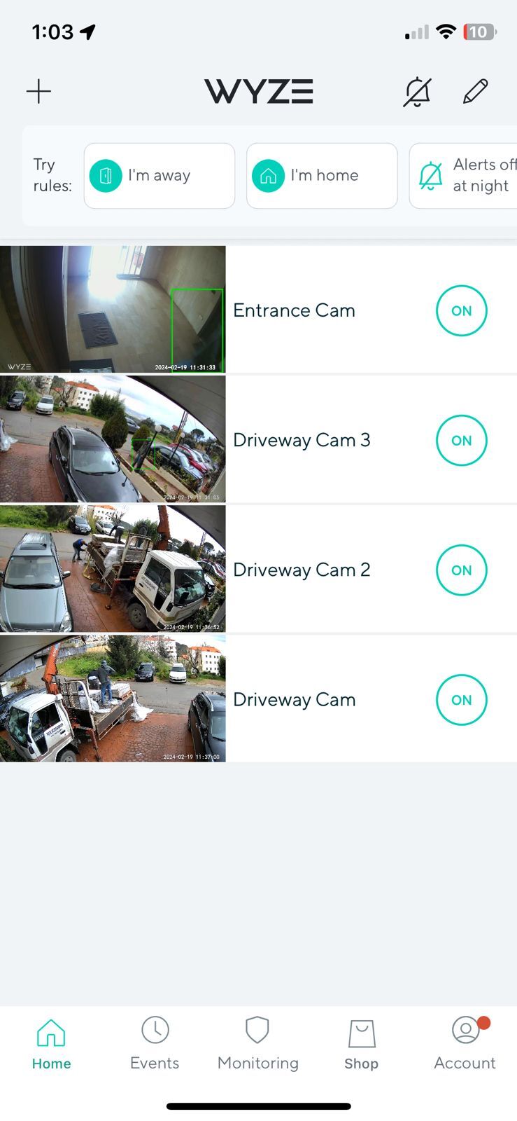 Wyze app showing multiple security cameras monitoring a home in Lebanon