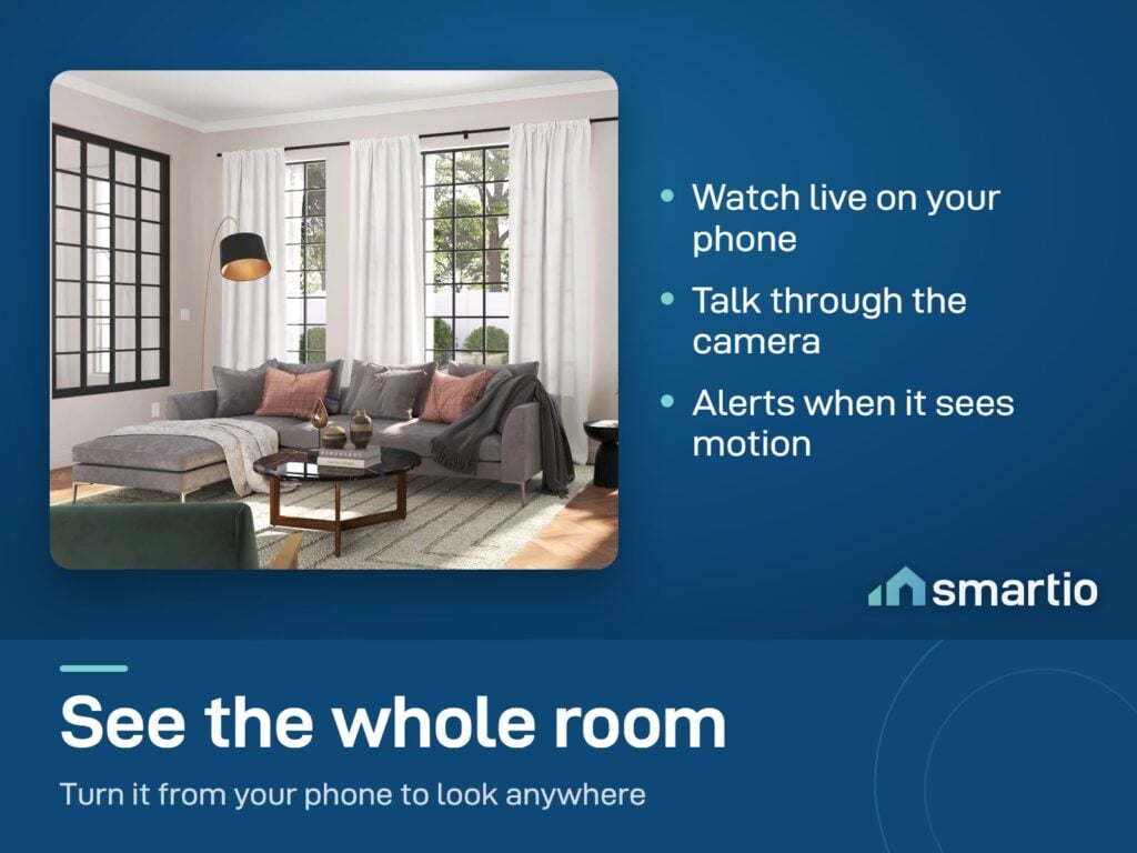 A living room that a Wyze Cam Pan v3 can watch live on a phone, turning to look at any part of the room
