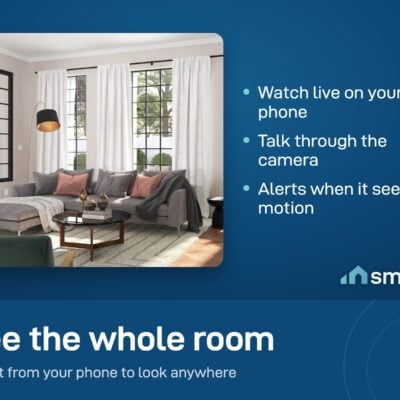 A living room that a Wyze Cam Pan v3 can watch live on a phone, turning to look at any part of the room